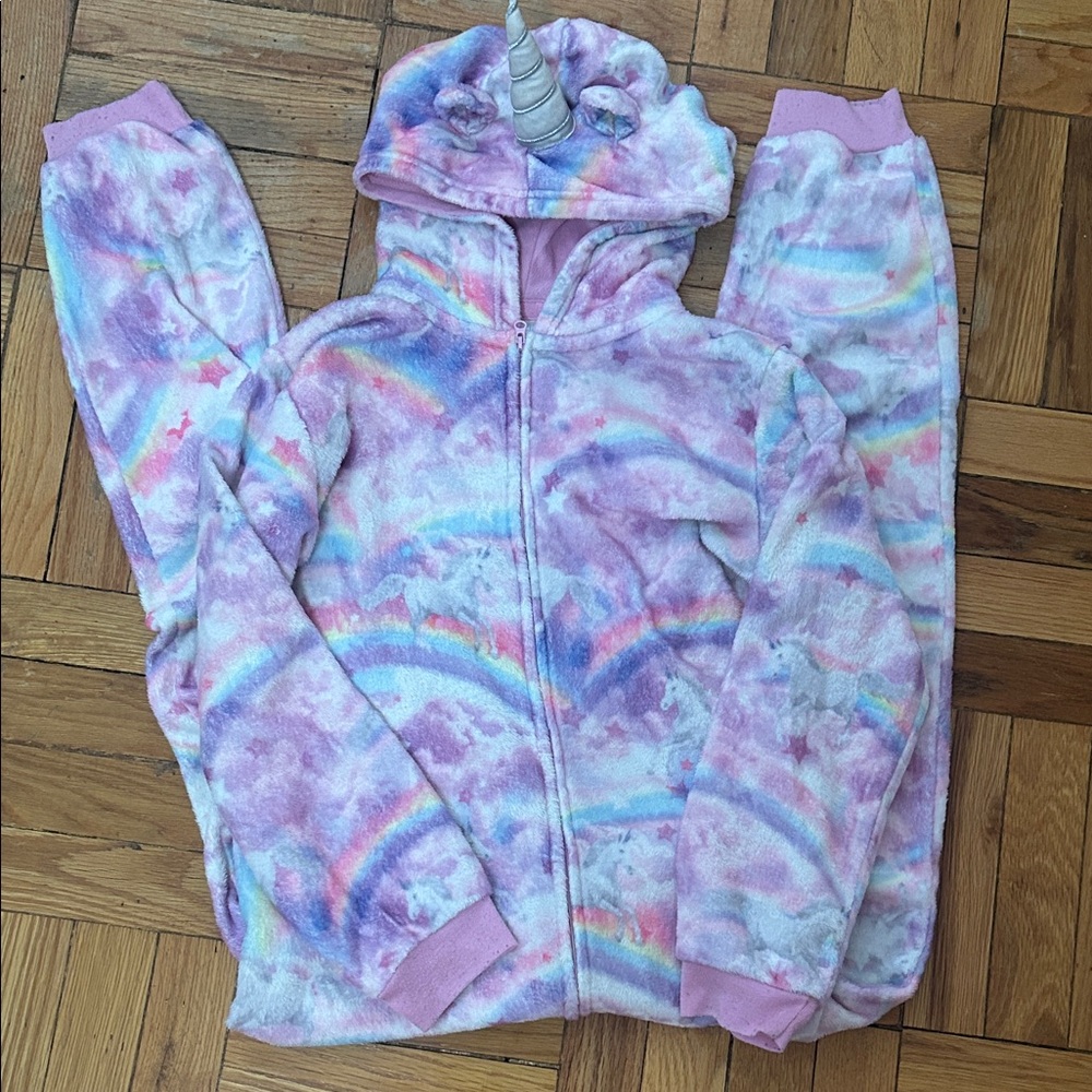 Children’s Place Girls Unicorn Fleece Pajama Set XL 14 Hoodie Pants Rainbow
